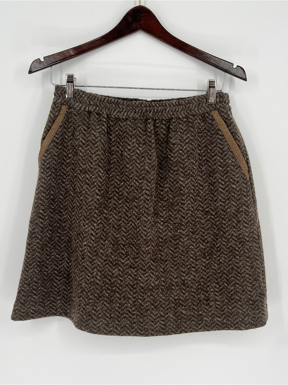 J.Crew Leather-Tipped Herringbone Wool Blend Mini Skirt